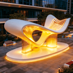 「浪影流光」白塑 + 条带景观：流线型蓝光电感装置现代艺术打卡