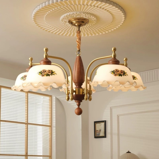 Solid Wood Printed Glass Fine Chandelier