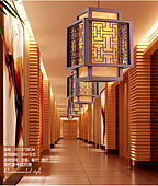 中式木艺雕花过道吊灯