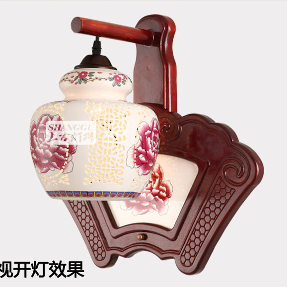 中式木艺陶瓷走廊壁灯