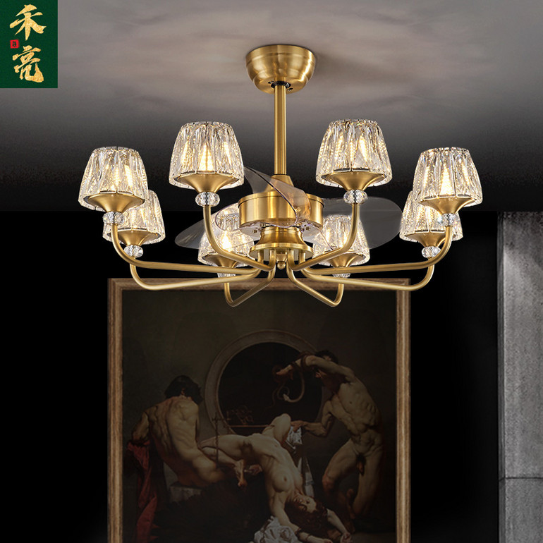 家用客厅餐厅高亮八头水晶隐形风扇吊灯